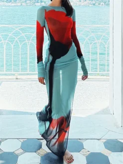 Women’s Sheer Mesh Flower Long Dress